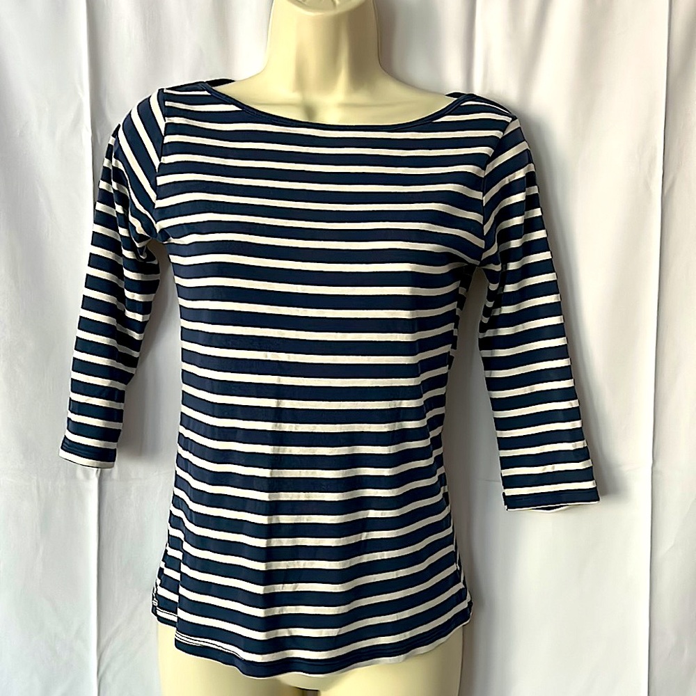 Zara Organic Cotton 3/4 Sleeve Navy Blue & White Striped Shirt Top **Size M** - Picture 1 of 3